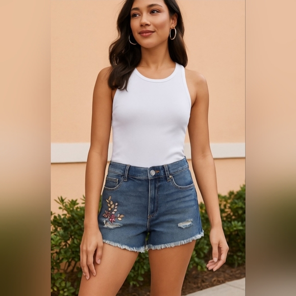 Express Pants - Express High Rise Distressed Rhinestone Embellished Shortie - Size 2